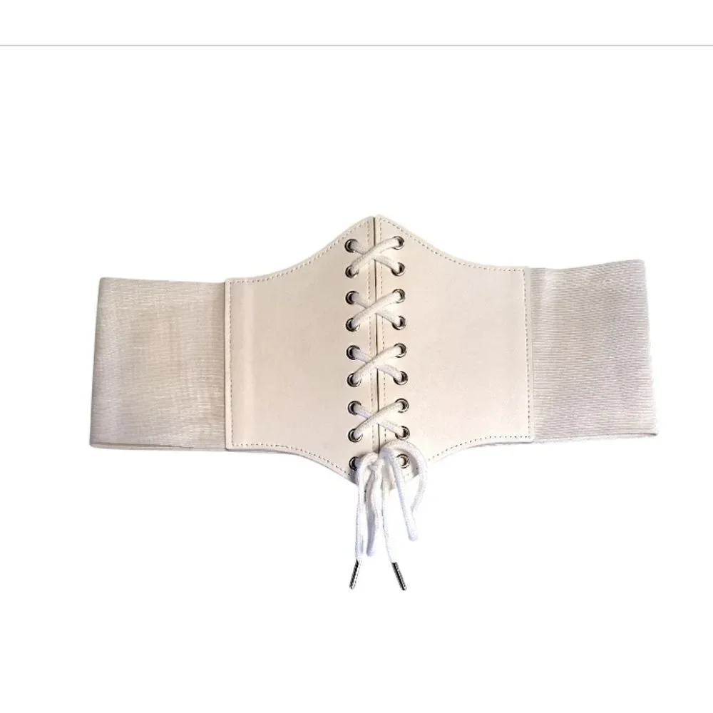 White Vegan Leather Under Breast Corset Stretch Lace‎ Up Belt One Size